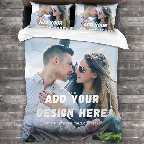 Kitlay Bettwäsche Personalisiert Foto Bettbezug, Individueller Dreiteiliges Set mit jedem Foto/Text/Logo, individuelles Bettwäsche Set, unvergessliches Geschenk für Familie (135 × 200 cm)