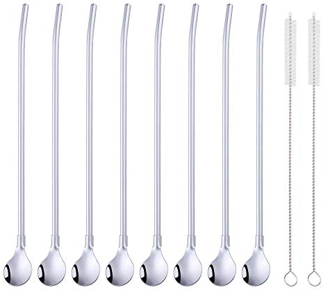 SBOMHS Wiederverwendbare Strohhalme Löffel 18/8 Edelstahl 8 Stück Trinkhalmlöffel mit 2 Bürsten Cocktail Latte Macchiato Löffel 21,5CM (silber)