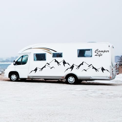 Pegatinas Montañas Camper Todoterreno 4x4 Trail Off Road Coche Furgoneta Camper Moto Auto caravana Adhesivo Vinilo De Corte Aventura Barco o Remolque (69x18 cm, Negro)