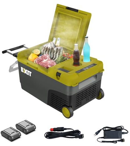 EXIT 20V Outdoor Mini-Kühlschrank EX100, batteriebetriebener Kühler von -20°C bis 20°C, 12/24V DC und 100~240V AC, ideal für Camping und Grillpartys. Inklusive zwei 4,0 Ah Batterien.