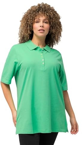 Ulla Popken Damen große Größen Übergrößen Plus Size Poloshirt, Piqué, Polokragen, Samt-Knopfleiste, Halbarm frühlingsgrün 46+ 637297430-46+