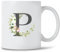 Seriously Frank Personalised Floral Initial Coffee Mug, Grey Text, A-Z Letters of The Alphabet Decorated with Flowers (Initial P)