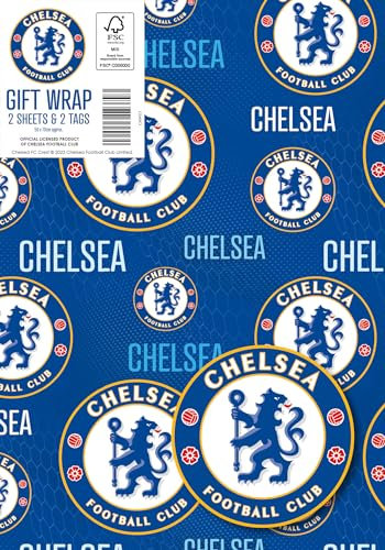 DANILO PROMOTIONS LIMITED Chelsea FC Geschenkpapier, 2 Bögen, 2 Etiketten, Chelsea-Fußball-Geschenkpapier