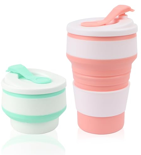 Wvu & Wvo 2 Stück Silikon-Faltbecher, BPA-freier Faltbecher, wiederverwendbarer Faltbecher, Kaffeebecher mit Plastikdeckel, für Outdoor-Camping, Picknick, Wandern (je 350ml)