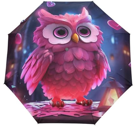 LINNIKEEEE Weltraumrosa Eule Regenschirm Auf-Zu Automatik Taschenschirm Winddichter Klein Leicht Kompakt Schirme für Reise Strand Frauen