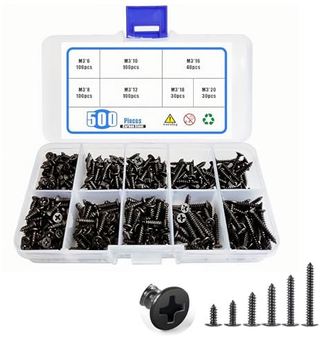 YanBous Assortiment de Vis Autoforeuse 500 Pièces - Inox-M3, Placo, Autoperforante - 6/8/10/12/18/20mm (Noir)