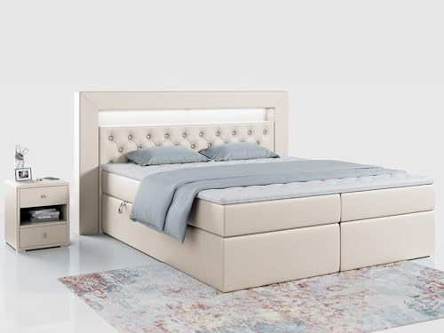 MKS MEBLE Boxspringbett 180x200 mit Led, Polsterbett 180x200 mit LED Kopfteil - Multipocket-Matratze H3 - Doppelbett mit Bettkasten Stauraumbett - Gold-6 - Creme Kunstleder