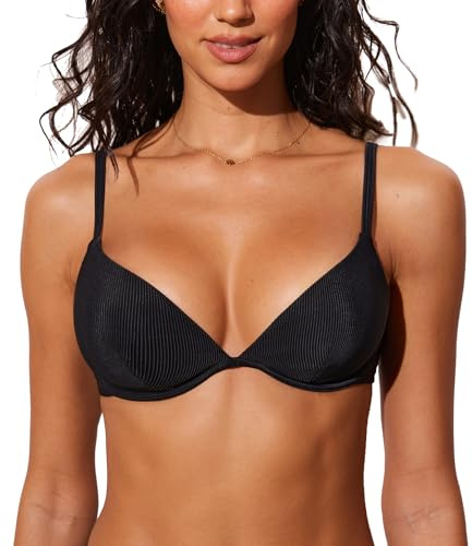 DOBREVA Women's Underwire Triangle Bikini Top Unpadded Plunge Bathing Suit Tops Ribbed Swimsuits V Neck Sexy - Bra Sizes Black 34C