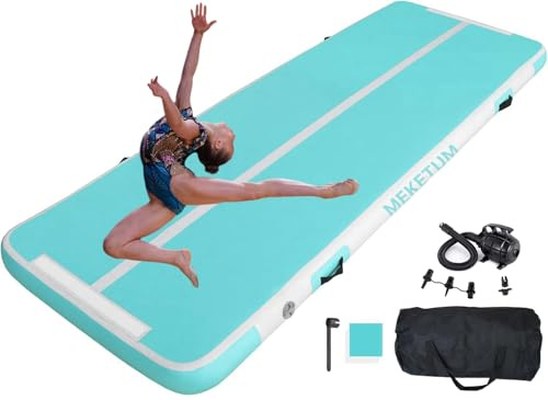 MEKETUM Air Tumble Track Gymnastic Mat 6.6ft 10ft 13ft 16ft 4/8 Inch Thickness Inflatable Gym Tumbling Floor Mats with Air Pump for Home Use/Cheerleading/Yoga/Dance/Water Fun