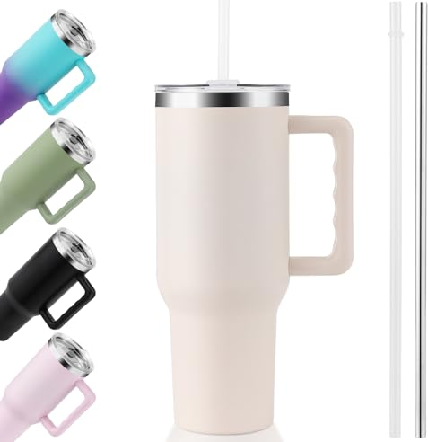 PRAOAHEI 40oz/1180 ML Thermobecher mit Strohhalm und Henkel Kaffeebecher to Go, Auslaufsicher Trinkbecher mit Deckel, Doppelwandiger Edelstahl Kalte Heiße Vakuum Becher Thermo Cremeweiß