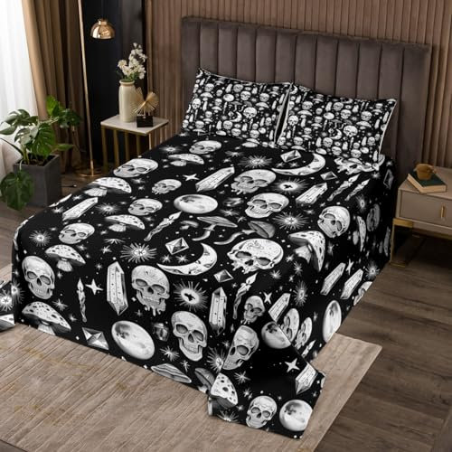 Sugar Skull Skelett Tagesdecke M Größe,Black White Stars Sun Moon Galaxy Bettwäsche Set Kinder Mädchen Jungen Teens,Diamantpilz Tröster Set Boho Gothic Exotic Quilt Coverlet