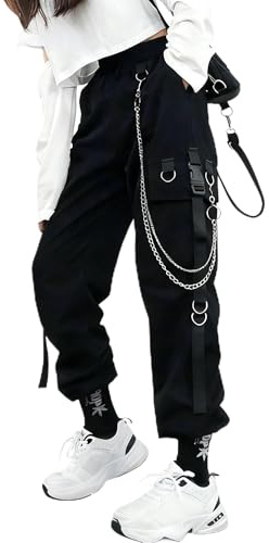 YINGWIN Pantaloni da combattimento gotici da donna, a vita alta, stile steampunk, multitasche, per esterni, casual, con catena, streetwear, Nero , S