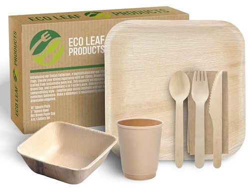 ECO Leaf 700 Pcs Disposable Palm Leaf Dinner Set | 100 X 10 Square Plates, 5 Square Bowls, 8oz Bamboo Paper Cups, Wooden Cutlery Set | Eco-Friendly Heavy-Duty Bundle for Wedding, Party, Picnic