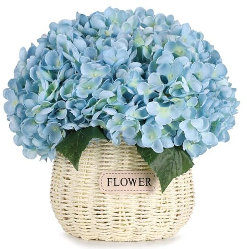 jooivin Künstliche Hortensien aus Seide, fühlen sich echt an, Kunstblume mit Stielen und Blättern, für Zimmer, Zuhause, Hochzeitsdekoration, 5 Stück, Blau