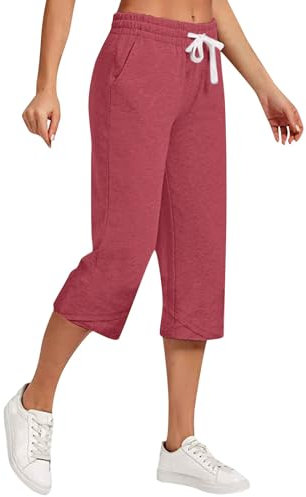 Generisch Pantaloni Capri da donna in cotone e lino – Pantaloni in tessuto da donna, estivi a 3/4, tinta unita, taglie grandi, pantaloni estivi a tre quarti con coulisse, tasche a vita alta, Colore: