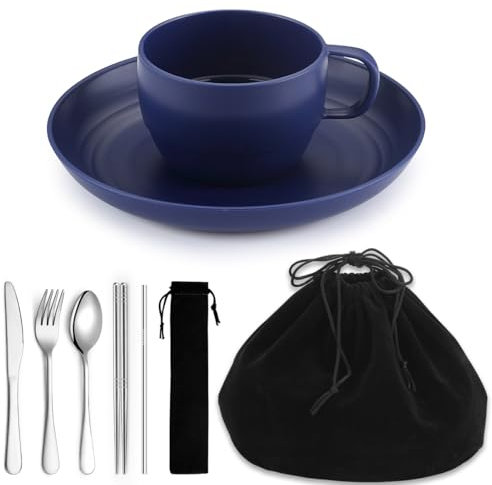 Camping Essentials set, HOMQUEN Assiettes et bols de Camping Set, tasse à café, ensemble de vaisselle de voyage avec cuillère, fourchette, couteau de travail, extérieur, pique - nique, camping(Bleu)