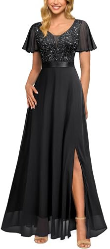 MIUSOL Women's Elegant Double V-Neck Sequin Embroidered Prom Bridesmaids Party Gown Formal Maxi Dress (Meidum, Black)