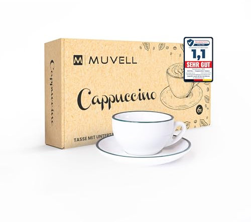MUVELL 6x Cappuccinotassen | Weiß - Grün | Italian Style | dickwandig & schwer | spülmaschinenfest | Cappuccino 6er Set mit Untertassen - Geschenkset