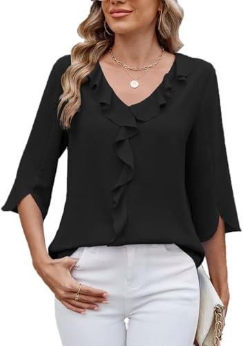ABINGOO Camicia Donna Estiva Elegante Chiffon con Volant Maniche 3/4 Blusa | Scollo a V Tinta Unita Tunica Camicetta Leggero Fresco Casual Lavoro Tops