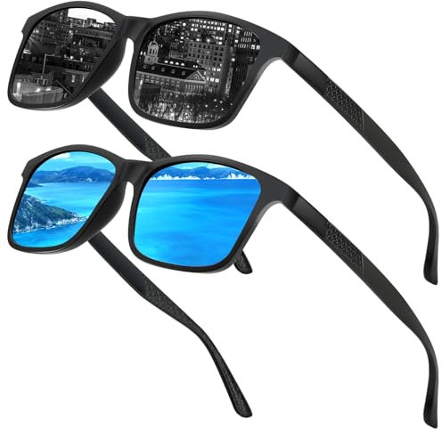 Sonnenbrille Herren Polarisiert 2 Stück, Sonnenbrille Damen Polarisiert,Polarisierte Sonnenbrillen Herren Groß UV400 Schutz, Fahren Reisen Outdoor Sonnenbrille, 2 Stück, Schwarz und Blau Gläser