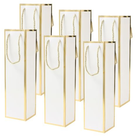 6 Pcs Luxury Wine Bottle Gift Bags Single Champagne Gift Bags Elegant Wine Tote Bag with Handles Paper Liquor Bottle Bag for Birthday Wedding Bridal Shower White
