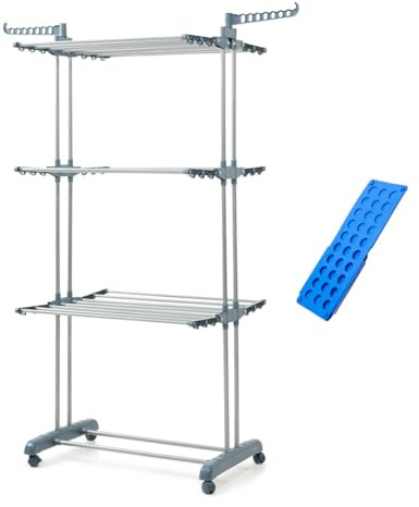 InnovaGoods Étendoir à Linge Pliable Vertical + Cintre de Linge, Pratique et Simple, économise du Temps et de l'espace, étendoir Vertical avec 2 Crochets pour cintres et roulettes Rotation à 360°