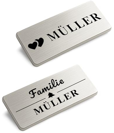 XMHome 2 Edelstahl Türschild selbstklebend personalisiertes Namensschild mit Lasergravur wetterfest für Haustür, Briefkasten, Klingel Made in Germany 60 * 30mm 2 Stück
