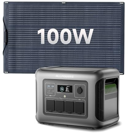 ALLPOWERS R1500 LITE generador solar portatil 1056Wh Paneles solares 100W | pico 3200W,Batería LiFePo4,Paneles solares flexible IP68 ,MPPT 650W max,SAI<15ms,para Hogar Emergencias Exteriores