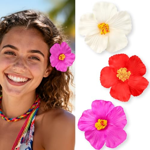 3 Stück Hawaii-Blumen-Haarspangen für Damen, Plumeria-Hibiskus-Haarklammer, künstliche Blumen-Clips für Urlaub, Strandparty, Sommer, Haar-Accessoires für Dickes und Dünnes Haar