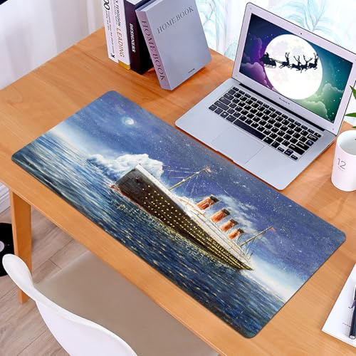 KDWJS Gaming Mauspad XXL 90x40cm Mousepad Groß Vernähte Kanten Anti-Rutsch für PC,Original-Ölgemälde der Titanic und eines Eisbergs im Ozean bei Nacht,Laptop Verbessert Präzision und Geschwindigkeit