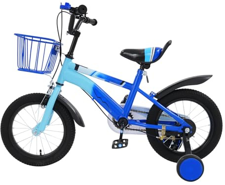 MEHOOSPVN 14 Zoll Kinderfahrrad für 3-7 Jahre Mädchen, Kinderfahrrad mit Stützrädern und Korb, Klingel, Höhe Einstellen Kinder Fahrrad, Kleinkind Fahrrad Kinderfahrräder für Mädchen Jungen, Blau