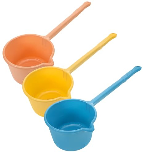 DEARMAMY 3pcs Kitchen Water Dipper with Long Handles Ergonomic Bath Shower Ladles for Watering Plants Cooking and Fruit Washing Household Kitchen Gadgets in Yellow Pink and Blue