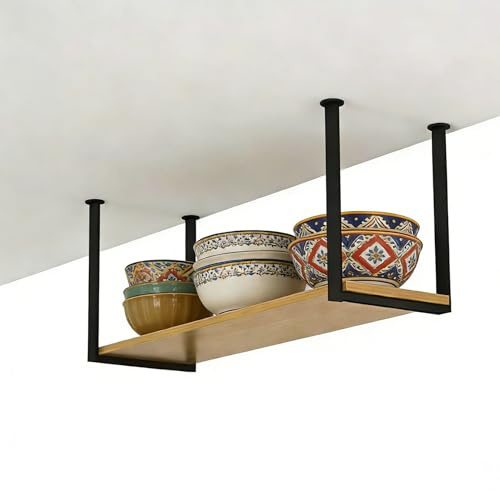 yurstcggh Hängendes Deckenregal,Deckenregal Metall Schwarz für Wein,Decke Dekoration Regal für Bars,Restaurants,Küchen 80×30×50cm