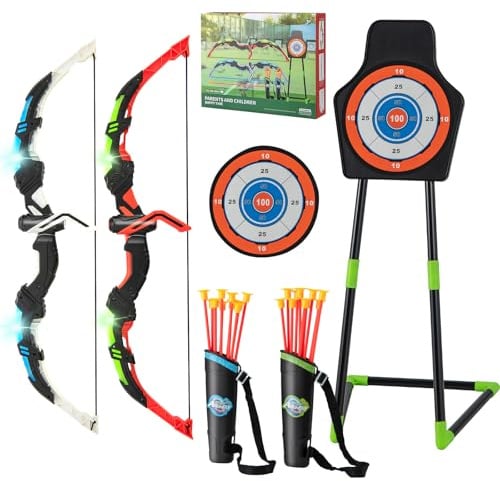 SPOTRAVEL Kids Bow and Arrow Set, 2 Pack LED Light Up Archery Toy Set | with 20 Suction Cup Arrows, 2 Quivers & Detachable Standing Target, Indoor Outdoor Shooting Game Gift for Boys Girls Ages 3+