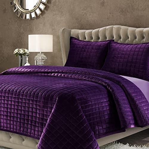 Tribeca Living Set di biancheria da letto matrimoniale in velluto, due pezzi, include una trapunta sovradimensionata e una federa copricuscino, velluto super morbido da 260 g/m², Firenze/viola