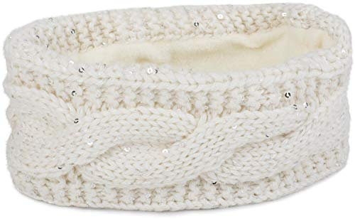 styleBREAKER Damen Stirnband Grobstrick mit Zopfmuster und Pailletten, warmes Fleece Innenfutter, Haarband, Headband 04026002, Farbe:Creme-Weiß