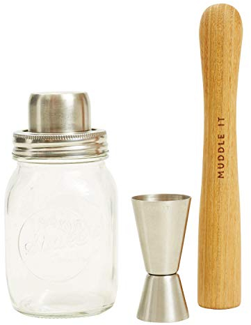 Jamie Oliver Cocktail-Shaker aus Glas mit Edelstahl-Ausgießer, Stößel und Meßbecher aus Edelstahl