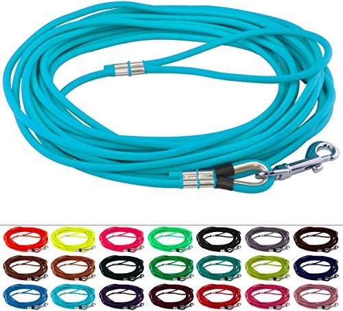 LENNIE Runde BioThane Schleppleine für Hunde von 15-25kg, Ø 6mm, 10m lang, mit Handschlaufe, Cyan/Türkis