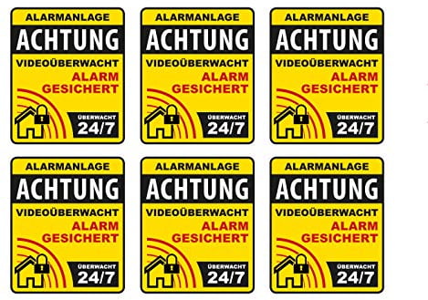 6 Stück Premium Aufkleber Alarmgesichert Alarmanlage Videoüberwacht 24/7 Hinweis Witterungs- und UV-Beständig