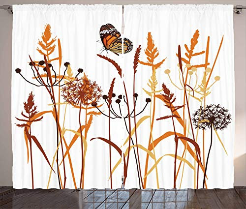 ABAKUHAUS Schmetterling Rustikaler Gardine, Zusammensetzung mit Blättern, Schlafzimmer Kräuselband Vorhang mit Schlaufen und Haken, 280 x 225 cm, Orange Bordeauxrot