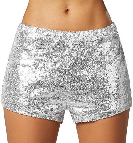 dressforfun 900996 Damen Pailletten Glitzer Shorts, sexy kurze Hose Shorts, Silber (XL | Nr. 303894)