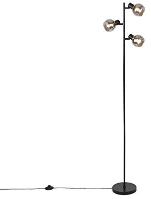 Qazqa - Art Deco Art Deco Stehleuchte I Stehlampe I Standleuchte I Lampe I Leuchte schwarz 3-Licht mit Rauchglas - Vidro I Wohnzimmer I Schlafzimmer - Länglich - LED geeignet E14