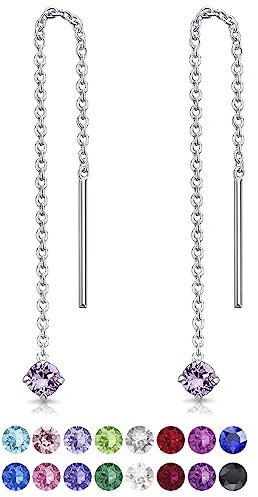 DTPsilver® KLEINE Durch Ohrringe ziehen 925 Sterling Silber mit Baumelnde 3 mm Swarovski® Elements Kristall - Farbe : Violett
