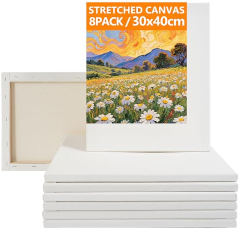 CONDA Stretched Canvas for Painting 30x40cm, 8 Packs A3 Canvas 100% Cotton/Triple-Primed/Acid Free, Painting Canvas for Acrylic & Oil