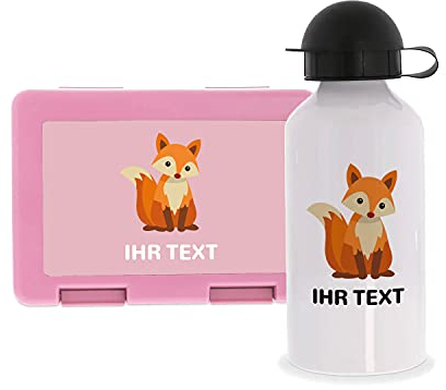 STEMPEL-FABRIK Lunchbox Pink und Trinkflasche mit Design - Fuchs - Personalisiertes Geschenk - Set - Brotzeitbox - Brotbox und Wasserflasche für Kinder - Einschulungsgeschenke - Kindergarten