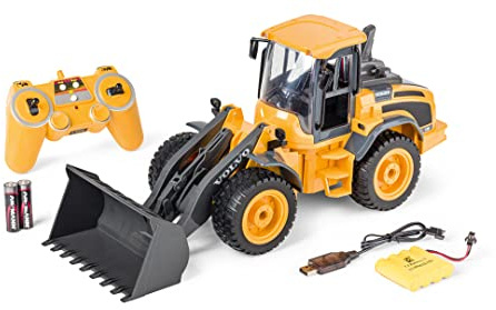 Carson 500907648 1:16 pala gommata Volvo 2,4G 100% RTR - veicolo telecomandato, veicolo da cantiere con effetti luminosi e sonori, incluse batterie e telecomando, blu