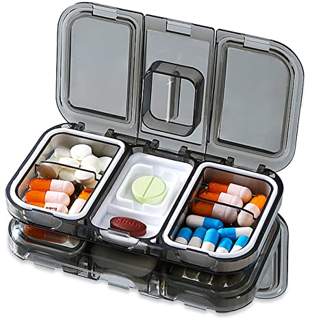 Tablettenbox 4 fächer,Reisen Pillendose，Pillendose mit tablettenteiler (Schwarz)