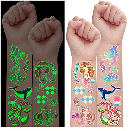 Leesgel 30 Blätter Meerjungfrau Tattoos für Kinder, Leucht Kindertattoos Meerjungfrau Geschenk für ädchen, Meerjungfrau Spielzeug Mitgebsel Kindergeburtstag Kindergeburtstag Gastgeschenke