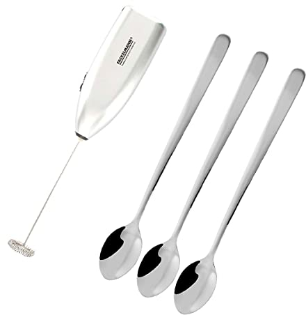 Set Fackelmann para Café, Incluye 1 Espumador de Leche Fackelmann para Mezclar Bebidas y Hacer Espuma en Pocos Segundos, Juego de 3 Cucharas Largas para Bebidas, 19 cm