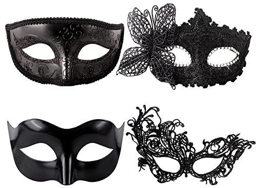 AYNKH Maskerade Masken 4PCS schwarz venezianischen Party Augenmaske Sexy Dress-Up Zubehör Spitze Kunststoff Klassische Zorro Style Maske für Paare Frauen und Männer